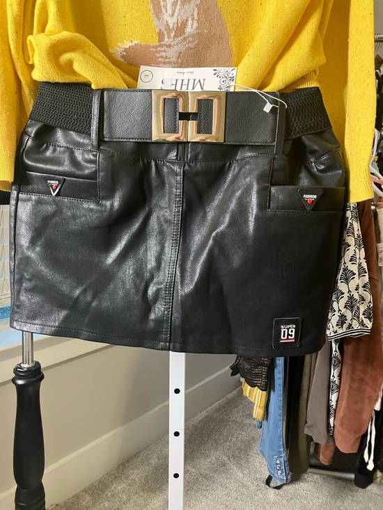 MHFS Dresses & Skirts - Black Faux Leather Mini Skirt with Gold Buckle Belt